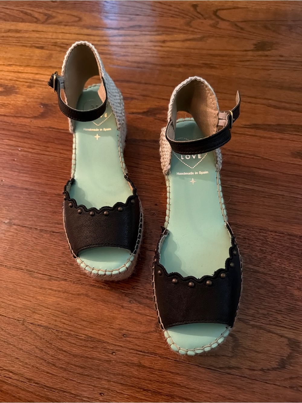 Black Leather Scalloped Wedge Espadrille Sandals